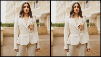 In terms of accessories, Alia kept it minimal to let her outfit shine and just styled her look with a sheer bustier, statement rings adorning her fingers, gold rectangle-shaped earrings, and peep-tie stiletto heels. (Instagram/@priyankarkapadia) In terms of accessories, Alia kept it minimal to let her outfit shine and just styled her look with a sheer bustier, statement rings adorning her fingers, gold rectangle-shaped earrings, and peep-tie stiletto heels. (Instagram/@priyankarkapadia)
