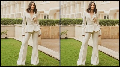 Alia's stunning pantsuit is from the shelves of the luxury fashion house Elie Saab, and her powersuit features a tailored peplum-style blazer and stylish pants set. (Instagram/@priyankarkapadia) Alia's stunning pantsuit is from the shelves of the luxury fashion house Elie Saab, and her powersuit features a tailored peplum-style blazer and stylish pants set. (Instagram/@priyankarkapadia)