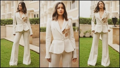 Alia Bhatt attended the Hindustan Times Leadership Summit (HTLS) 2023 Day 5 in a stylish white pantsuit. The National Award winning actress is not only adored for her incredible acting skills but also for her fashion and style. Whether it's a casual dress or a sartorial saree, Alia knows how to nail fashion goals like a pro. And her latest look in an ivory blazer and pants is no exception and is sure to steal your heart. Read on to get some style tips from the B-town queen. (Instagram/@priyankarkapadia) Alia Bhatt attended the Hindustan Times Leadership Summit (HTLS) 2023 Day 5 in a stylish white pantsuit. The National Award winning actress is not only adored for her incredible acting skills but also for her fashion and style. Whether it's a casual dress or a sartorial saree, Alia knows how to nail fashion goals like a pro. And her latest look in an ivory blazer and pants is no exception and is sure to steal your heart. Read on to get some style tips from the B-town queen. (Instagram/@priyankarkapadia)