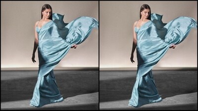 Tara's stunning hand-woven ice blue silk saree is from the shelves of clothing brand Ekaya Banaras and comes with a price tag of <span class='webrupee'>₹</span>14,975. (Instagram/@tarasutaria) Tara's stunning hand-woven ice blue silk saree is from the shelves of clothing brand Ekaya Banaras and comes with a price tag of <span class='webrupee'>₹</span>14,975. (Instagram/@tarasutaria)