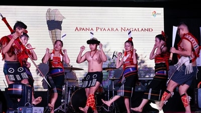 Artists dressed in traditional Naga attires perform during the two-day Autumn Festival 2023 at Nagaland House, in New Delhi (ANI Photo/Mohd Zakir) Artists dressed in traditional Naga attires perform during the two-day Autumn Festival 2023 at Nagaland House, in New Delhi (ANI Photo/Mohd Zakir)
