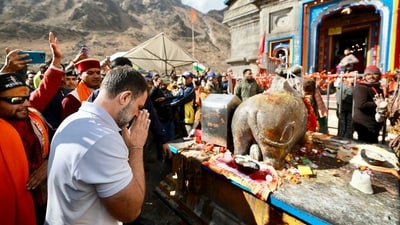 Congress leader Rahul Gandhi offers prayers at Kedarnath temple. (ANI) Congress leader Rahul Gandhi offers prayers at Kedarnath temple. (ANI)