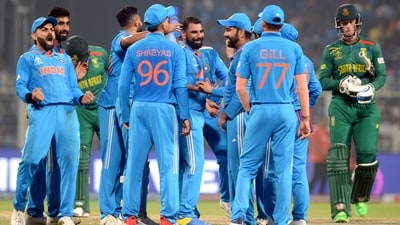 Mohammed Shami and teammates celebrate the wicket of Rassie van der Dussen during their match in the ICC Men's Cricket World Cup 2023, at Eden Gardens in Kolkata on Sunday. (Sudipta Banerjee) Mohammed Shami and teammates celebrate the wicket of Rassie van der Dussen during their match in the ICC Men's Cricket World Cup 2023, at Eden Gardens in Kolkata on Sunday. (Sudipta Banerjee)