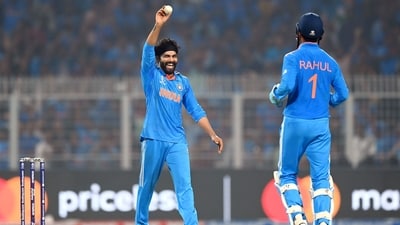 Ravindra Jadeja shows the match after getting his 5th wicket of the day during the match against South Africa in the ICC Men's Cricket World Cup 2023, at Eden Gardens in Kolkata on Sunday. India won by 243 runs. (BCCI Twitter) Ravindra Jadeja shows the match after getting his 5th wicket of the day during the match against South Africa in the ICC Men's Cricket World Cup 2023, at Eden Gardens in Kolkata on Sunday. India won by 243 runs. (BCCI Twitter)