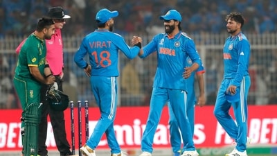 Virat Kohli and Ravindra Jadeja greet each other after India's win over South Africa at the Eden Gardens in Kolkata (ANI ) Virat Kohli and Ravindra Jadeja greet each other after India's win over South Africa at the Eden Gardens in Kolkata (ANI )
