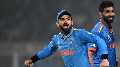 Virat Kohli celebrates with Jasprit Bumrah after the dismissal of Rassie van der Dussen during the 2023 ICC Men's Cricket World Cup match between India and South Africa at the Eden Gardens (AFP) Virat Kohli celebrates with Jasprit Bumrah after the dismissal of Rassie van der Dussen during the 2023 ICC Men's Cricket World Cup match between India and South Africa at the Eden Gardens (AFP)