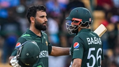 Pakistan's Fakhar Zaman celebrates with his captain Babar Azam (R) after scoring a century. (AFP) Pakistan's Fakhar Zaman celebrates with his captain Babar Azam (R) after scoring a century. (AFP)