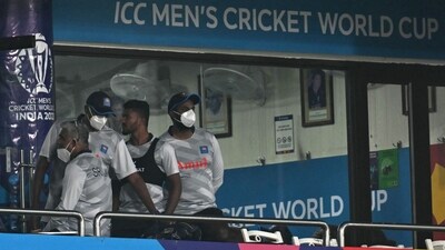 Sri Lanka players wearing facemasks stand at their dressing room ahead of their practice session amid smoggy conditions on the eve of their 2023 ICC Men's Cricket World Cup match against Bangladesh at the Arun Jaitley Stadium in New Delhi (AFP) Sri Lanka players wearing facemasks stand at their dressing room ahead of their practice session amid smoggy conditions on the eve of their 2023 ICC Men's Cricket World Cup match against Bangladesh at the Arun Jaitley Stadium in New Delhi (AFP)