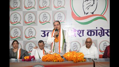 Former Indian Police Service officer Umesh Kumar Singh at the UPCC headquarters in Lucknow. (Sourced)