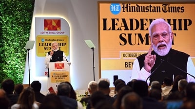 Prime Minister Narendra Modi delivers the closing address at the Hindustan Times Leadership Summit at Taj Palace in New Delhi on Saturday, (Sanchit Khanna/HT) Prime Minister Narendra Modi delivers the closing address at the Hindustan Times Leadership Summit at Taj Palace in New Delhi on Saturday, (Sanchit Khanna/HT)
