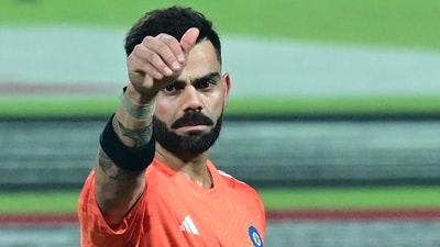 Indian Cricket player Virat Kohli gesture during practice session ahead of ICC World Cup 2023 match against South Africa at Eden Garden in Kolkata (Samir Jana/ Hindustan Times)