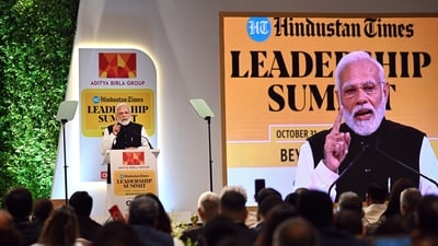 Prime Minister Narendra Modi delivers the closing address at the Hindustan Times Leadership Summit in New Delhi on November 4. (Sanchit Khanna/Hindustan Times) Prime Minister Narendra Modi delivers the closing address at the Hindustan Times Leadership Summit in New Delhi on November 4. (Sanchit Khanna/Hindustan Times)
