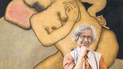 Mumbai, India - Nov. 4, 2023: Artist Jogen Chowdhury pose for the photos near the painting at Snowball Studios, Worli in Mumbai, India, on Saturday, November 4, 2023. (Photo by Satish Bate/ Hindustan Times) (Hindustan Times) Mumbai, India - Nov. 4, 2023: Artist Jogen Chowdhury pose for the photos near the painting at Snowball Studios, Worli in Mumbai, India, on Saturday, November 4, 2023. (Photo by Satish Bate/ Hindustan Times) (Hindustan Times)
