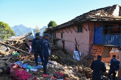 Nepali policemen inspect the rubble of houses in Jajarkot district on November 4. (AFP) Nepali policemen inspect the rubble of houses in Jajarkot district on November 4. (AFP)