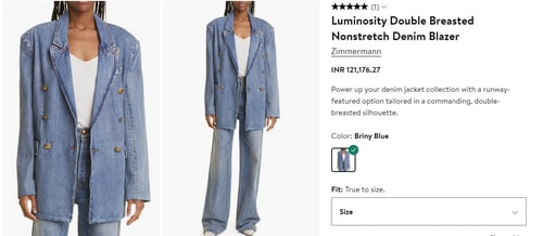 Katrina Kaif's denim blazer is from the brand Zimmermann and comes with a price tag of ₹1.21 lakh. (modesens.com) Katrina Kaif's denim blazer is from the brand Zimmermann and comes with a price tag of ₹1.21 lakh. (modesens.com)