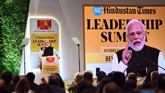Prime Minister Narendra Modi delivers the closing address at the Hindustan Times Leadership Summit in New Delhi on November 4.&nbsp;(Sanchit Khanna/Hindustan Times)