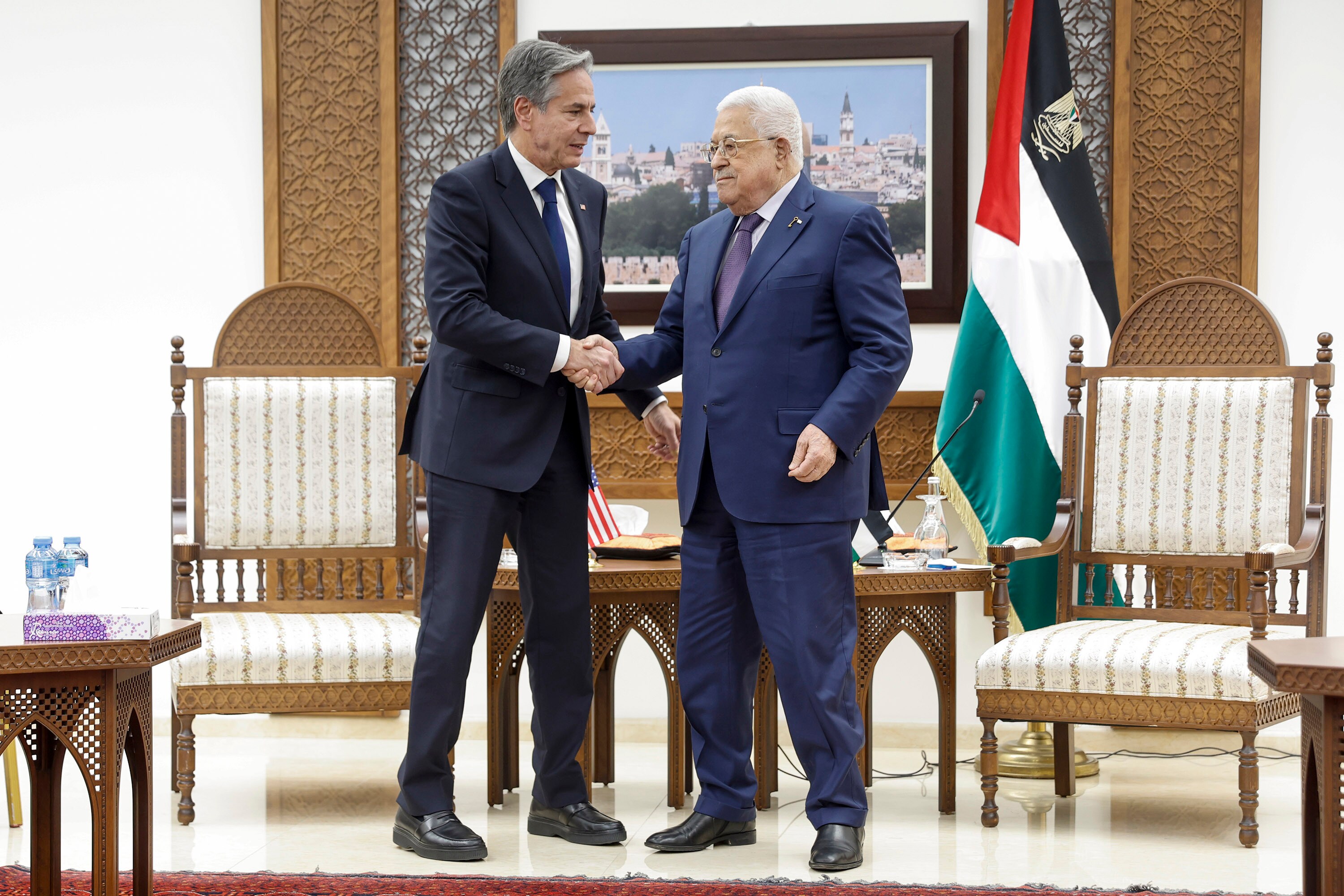 U.S. Secretary of State Antony Blinken meets with Palestinian President Mahmoud Abbas amid the ongoing conflict between Israel and the Palestinian Islamist group Hamas, at the Muqata in Ramallah in the Israeli-occupied West Bank, Sunday, Nov. 5, 2023. (AP) U.S. Secretary of State Antony Blinken meets with Palestinian President Mahmoud Abbas amid the ongoing conflict between Israel and the Palestinian Islamist group Hamas, at the Muqata in Ramallah in the Israeli-occupied West Bank, Sunday, Nov. 5, 2023. (AP)