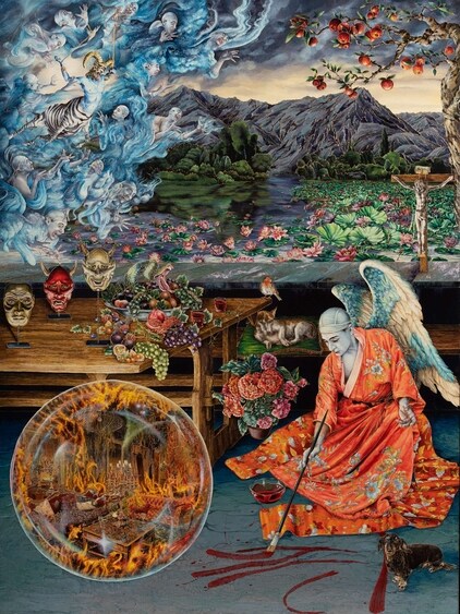 Artist's Raqib Shaw painted this work, named Allegory of Melancholy, with acrylic liner and enamel on birchwood. Artist's Raqib Shaw painted this work, named Allegory of Melancholy, with acrylic liner and enamel on birchwood.