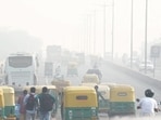 Commuters on a road amid low visibility due to smog in New Delhi. Pollution levels in Delhi-NCR on Monday morning were recorded around seven to eight times above the government-prescribed safe limit.