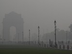 Thick layer of smog on Kartavya Path as Delhi's air quality remains very poor, in New Delhi