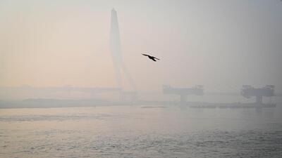A thick layer of haze engulfs the Signature Bridge on Monday. (Sanchit Khanna/HT Photo) A thick layer of haze engulfs the Signature Bridge on Monday. (Sanchit Khanna/HT Photo)