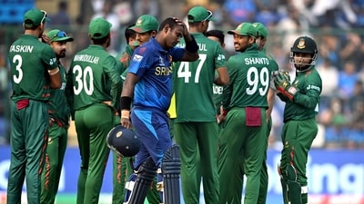 Sri Lanka lost to Bangladesh by three wickets in a match that was marked by Angelo Mathews became the first player in the history of men's and women's international cricket to be dismissed after being timed out. Sri Lanka were eventually all out for 279 and Bangladesh chased it down in a rather heated clash in Delhi. (ICC Twitter) Sri Lanka lost to Bangladesh by three wickets in a match that was marked by Angelo Mathews became the first player in the history of men's and women's international cricket to be dismissed after being timed out. Sri Lanka were eventually all out for 279 and Bangladesh chased it down in a rather heated clash in Delhi. (ICC Twitter)