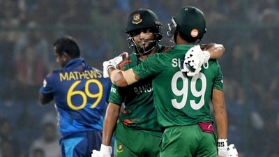 Shakib Al Hasan and Najmul Hossain Shanto celebrate their partnership during the match against Sri Lanka in the ICC Men's Cricket World Cup 2023, at Arun Jaitley Stadium (ANI) Shakib Al Hasan and Najmul Hossain Shanto celebrate their partnership during the match against Sri Lanka in the ICC Men's Cricket World Cup 2023, at Arun Jaitley Stadium (ANI)