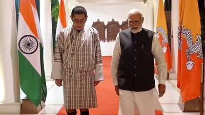 Prime Minister Narendra Modi and Bhutan king Jigme Khesar Namgyel Wangchuck in New Delhi on Monday. (ANI Photo) Prime Minister Narendra Modi and Bhutan king Jigme Khesar Namgyel Wangchuck in New Delhi on Monday. (ANI Photo)