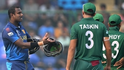 Angelo Mathews took his time walking in during the 25th over after Bangladesh captain Shakib Al Hasan dismissed Sadeera Samarawickrama. He then signalled to the dressing room from the middle for a new helmet before facing his first ball. This led to Shakib appealing to the umpire for timing Mathews out and the latter held it up. Mathews was visibly upset by it and the incident set up a charged atmosphere between the two sides for the rest of the game. (AFP) Angelo Mathews took his time walking in during the 25th over after Bangladesh captain Shakib Al Hasan dismissed Sadeera Samarawickrama. He then signalled to the dressing room from the middle for a new helmet before facing his first ball. This led to Shakib appealing to the umpire for timing Mathews out and the latter held it up. Mathews was visibly upset by it and the incident set up a charged atmosphere between the two sides for the rest of the game. (AFP)