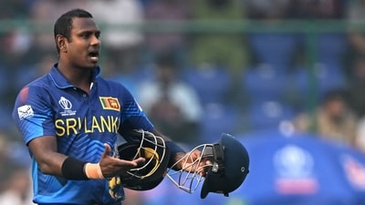 Sri Lanka's Angelo Mathews reacts after he was timed out during the 2023 ICC Men's Cricket World Cup one-day international (ODI) match between Bangladesh and Sri Lanka (AFP) Sri Lanka's Angelo Mathews reacts after he was timed out during the 2023 ICC Men's Cricket World Cup one-day international (ODI) match between Bangladesh and Sri Lanka (AFP)