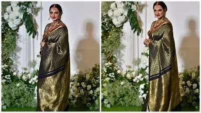Rekha appeared absolutely stunning in a silk brocade saree adorned with an intricately embroidered border. She complemented her look with a full-sleeved silk blouse, a layered gold necklace, jhumkis, bracelets, bangles, a mang tika, and platform heels. (HT Photo) Rekha appeared absolutely stunning in a silk brocade saree adorned with an intricately embroidered border. She complemented her look with a full-sleeved silk blouse, a layered gold necklace, jhumkis, bracelets, bangles, a mang tika, and platform heels. (HT Photo)