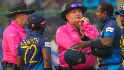 Charith Asalanka and Angelo Mathews talk to umpires after the latter is given 'timed out' during the ICC Cricket World Cup 2023 match between Sri Lanka and Bangladesh (PTI) Charith Asalanka and Angelo Mathews talk to umpires after the latter is given 'timed out' during the ICC Cricket World Cup 2023 match between Sri Lanka and Bangladesh (PTI)