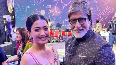 Rashmika Mandanna with Amitabh Bachchan as they promoted their film Goodbye last year. (File Photo) Rashmika Mandanna with Amitabh Bachchan as they promoted their film Goodbye last year. (File Photo)