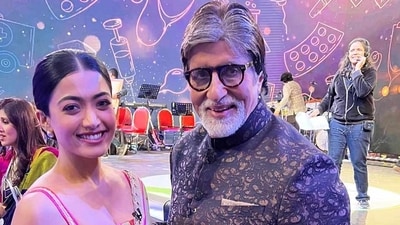 Rashmika Mandanna with Amitabh Bachchan as they promoted their film Goodbye last year. (File Photo) Rashmika Mandanna with Amitabh Bachchan as they promoted their film Goodbye last year. (File Photo)