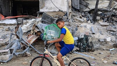 Israel-Hamas War: A Palestinian boy transports his bird on a bicycle past a destroyed building in Rafah in the southern Gaza Strip. (AFP)