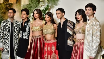 For a change, the entire cast of The Archies arrived in ethnic ensembles at Manish Malhotra's Diwali bash. Among them were Suhana Khan in a red lehenga, Khushi Kapoor in a wine and golden lehenga and Agastya Nanda in a black and white sherwani. For a change, the entire cast of The Archies arrived in ethnic ensembles at Manish Malhotra's Diwali bash. Among them were Suhana Khan in a red lehenga, Khushi Kapoor in a wine and golden lehenga and Agastya Nanda in a black and white sherwani. 