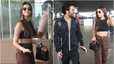 Tara Sutaria and Aadar Jain at Mumbai airport: (File Photo/ Varinder Chawla) Tara Sutaria and Aadar Jain at Mumbai airport: (File Photo/ Varinder Chawla)