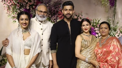 Varun Tej and Lavanya Tripathi pose with his family at the reception. Varun Tej and Lavanya Tripathi pose with his family at the reception.