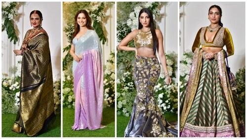 Rekha, Tamannaah Bhatia, Nora Fatehi and Bhumi Pednekar at Manish's Diwali party. Rekha, Tamannaah Bhatia, Nora Fatehi and Bhumi Pednekar at Manish's Diwali party.