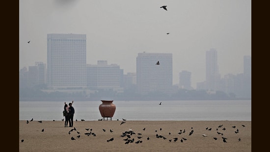 A view of the city skyline engulfed in smog in Mumbai. (PTI)