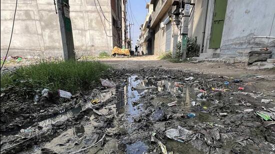 Clogged sewerage making its way onto the road at Bahadhur ke road area in Ludhiana. (Gurpreet Singh/HT)