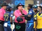 Sri Lanka's Angelo Mathews in a discussion with the umpires after being timed out during the match against Bangladesh in the ICC Men's Cricket World Cup 2023, at Arun Jaitley Stadium in New Delhi on Monday. Sri Lanka's Angelo Mathews in a discussion with the umpires after being timed out during the match against Bangladesh in the ICC Men's Cricket World Cup 2023, at Arun Jaitley Stadium in New Delhi on Monday.