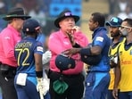 Sri Lanka's Angelo Mathews in a discussion with the umpires after being timed out during the match against Bangladesh in the ICC Men's Cricket World Cup 2023, at Arun Jaitley Stadium in New Delhi on Monday. Sri Lanka's Angelo Mathews in a discussion with the umpires after being timed out during the match against Bangladesh in the ICC Men's Cricket World Cup 2023, at Arun Jaitley Stadium in New Delhi on Monday.