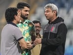 Cricket legend Sachin Tendulkar with Afghanistan team mentor Ajay Jadeja and batter Ibrahim Zardan at a practice session 