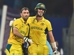 Glenn Maxwell along with  Pat Cummins of Australia celebrates 200 and win against Afghanistan