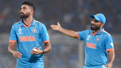 India's Mohammed Siraj and Mohammed Shami during their match against South Africa in the ICC Men's Cricket World Cup 2023, at Eden Gardens in Kolkata on Sunday. (Sudipta Banerjee) India's Mohammed Siraj and Mohammed Shami during their match against South Africa in the ICC Men's Cricket World Cup 2023, at Eden Gardens in Kolkata on Sunday. (Sudipta Banerjee)