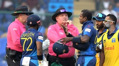 Sri Lanka's Angelo Mathews in a discussion with the umpires after being timed out during the match against Bangladesh in the ICC Men's Cricket World Cup 2023, at Arun Jaitley Stadium in New Delhi on Monday. (ANI)