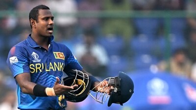 Sri Lanka's Angelo Mathews reacts after being timed out during the match against Bangladesh in the ICC Men's Cricket World Cup 2023, at Arun Jaitley Stadium (ICC Twitter) Sri Lanka's Angelo Mathews reacts after being timed out during the match against Bangladesh in the ICC Men's Cricket World Cup 2023, at Arun Jaitley Stadium (ICC Twitter)