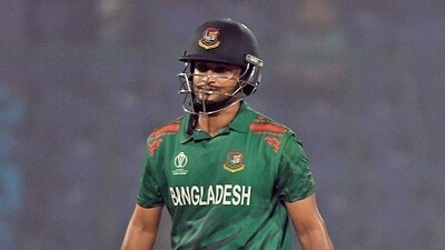 Bangladesh's captain Shakib Al Hasan walks back after being dismissed by Sri Lanka's Angelo Mathews during their match in the ICC Men's Cricket World Cup 2023, at Arun Jaitley Stadium in New Delhi (ANI)