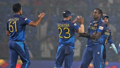 Sri Lanka's Angelo Mathews celebrates the dismissal of Bangladesh's Najmul Hossain Shanto during their match in the ICC Men's Cricket World Cup 2023, at Arun Jaitley Stadium in New Delhi (ANI)